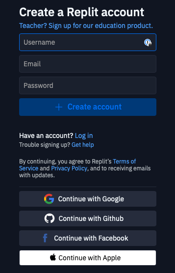 Log in screen